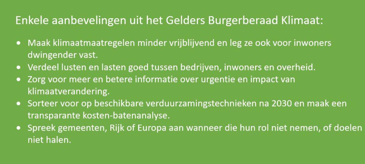 Afbeelding met vijf aanbevelingen vanuit het Gelders Burgerberaad Klimaat